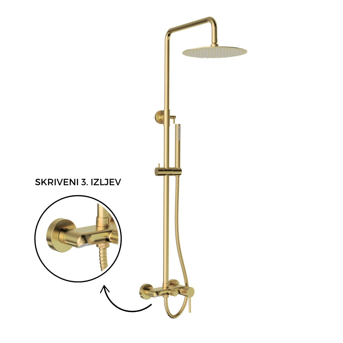 Slika proizvoda ARMAL RUBI USPONSKI TUŠ SISTEM GOLD BRUSHED S JED.SLAVINOM 3 FUNKCIJE TUŠ GLAVOM, RUČICOM I TUŠ CRIJEVOM 150 cm MAT ZLATNI